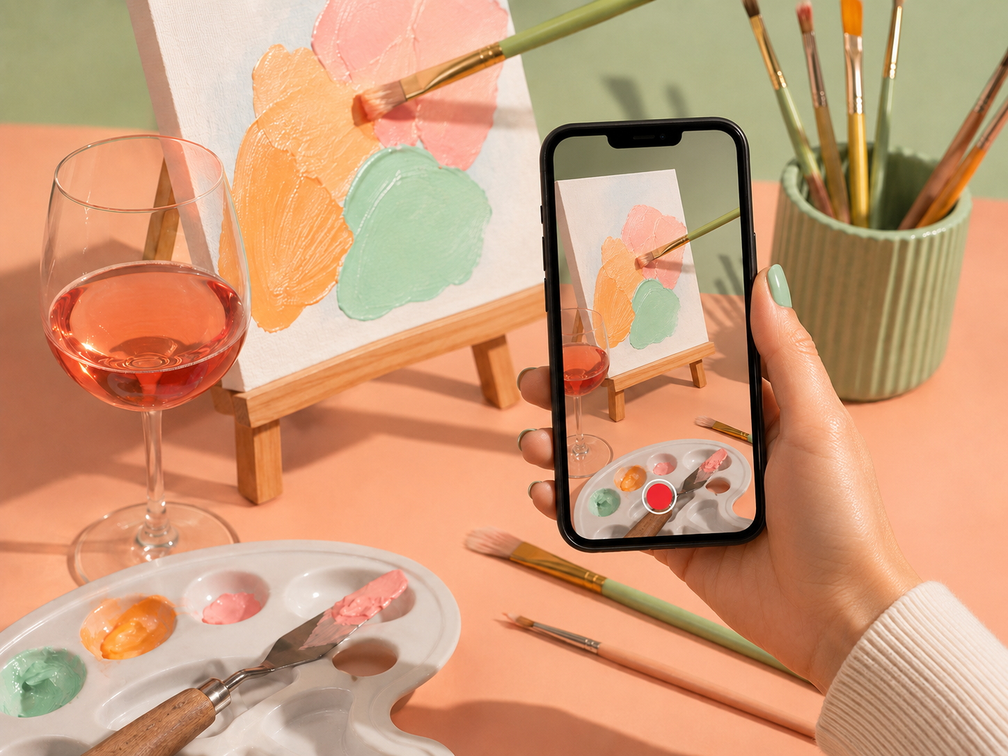 Filming a paint & sip experience at a partner venue